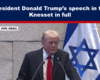 Expose News: President Donald Trump delivering a speech in the Knesset, Tel Aviv, Israel, with an Israeli flag in the background.