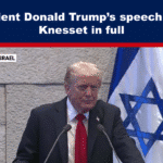 Expose News: President Donald Trump delivering a speech in the Knesset, Tel Aviv, Israel, with an Israeli flag in the background.