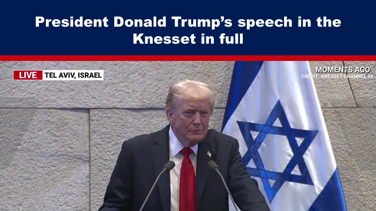 Expose News: President Donald Trump delivering a speech in the Knesset, Tel Aviv, Israel, with an Israeli flag in the background.