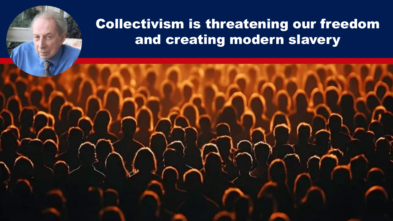 Expose News: Crowd silhouettes warn of collectivism threatening our freedom, hinting at modern slavery dangers in this dramatic visual scene.