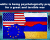 Expose News: Flags of the USA, Russia, EU, and Ukraine torn apart, hinting at tensions as the public is prepared for a great and terrible war.