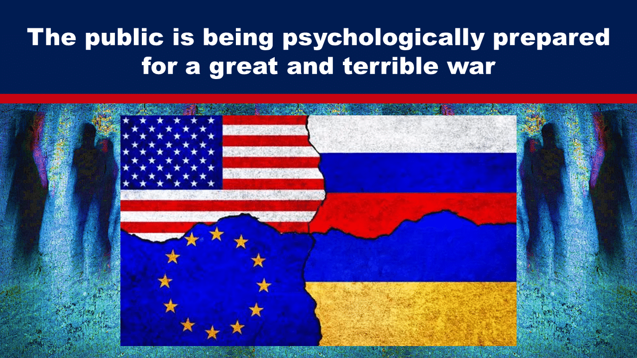 Expose News: Flags of the USA, Russia, EU, and Ukraine torn apart, hinting at tensions as the public is prepared for a great and terrible war.