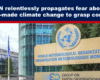 Expose News: UN headquarters with a banner claiming they promote climate change fear to seize control, depicted in a lively tabloid style.