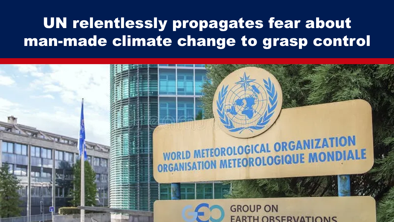 Expose News: UN headquarters with a banner claiming they promote climate change fear to seize control, depicted in a lively tabloid style.