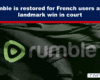 Expose News: Rumble logo with text announcing the platform's return for French users after a landmark court victory, adding excitement and intrigue to the digital scene.