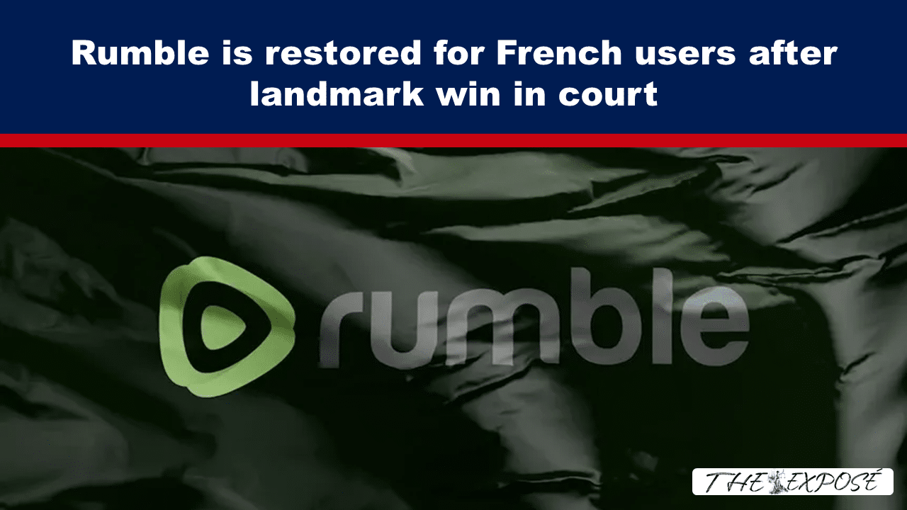 Expose News: Rumble logo with text announcing the platform's return for French users after a landmark court victory, adding excitement and intrigue to the digital scene.