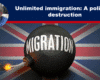 Expose News: Migration bomb ready to explode on a British flag backdrop, highlighting the controversial debate on unlimited immigration: A policy of destruction.