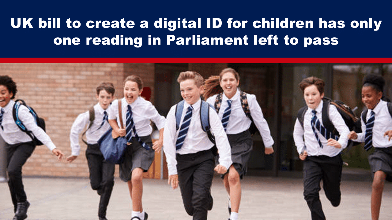 Expose News: Cheerful kids in uniforms dash forward, excited as the UK bill on digital ID for children nears its final Parliament reading.