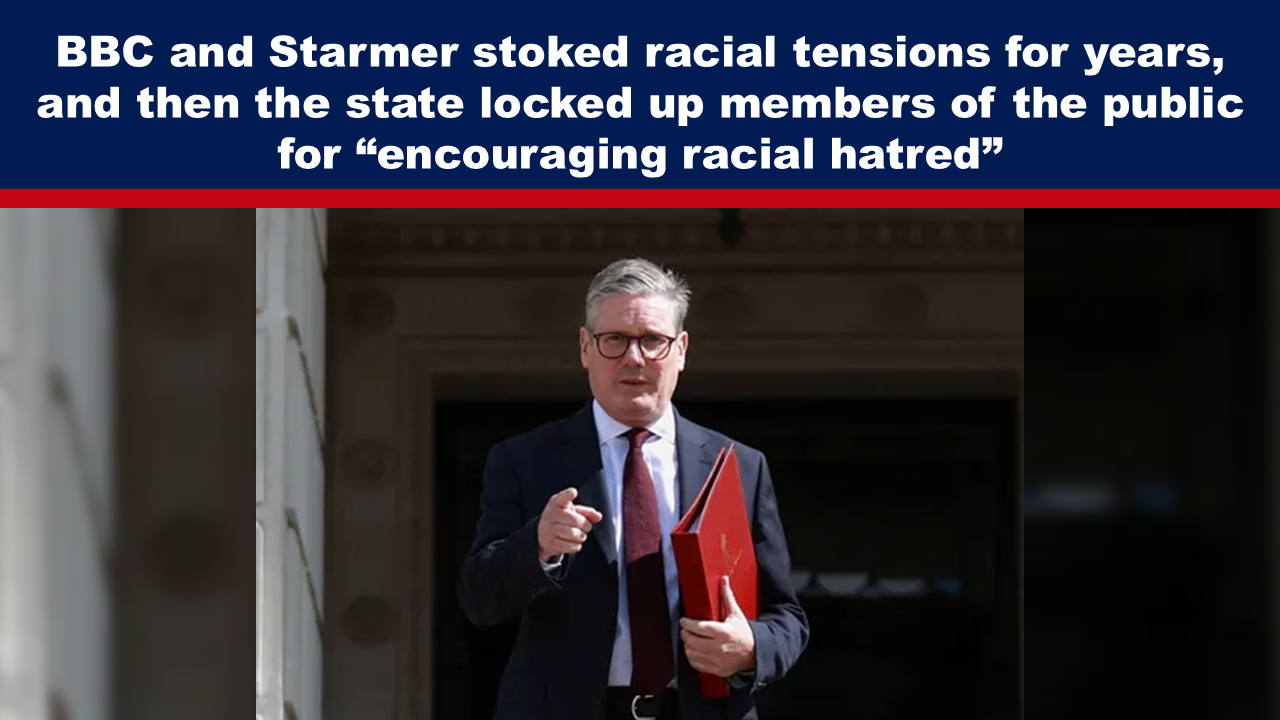 Expose News: Politician in suit holding red folder amid claims of BBC and Starmer fueling racial tensions; state cracks down on racial hatred encouragement.