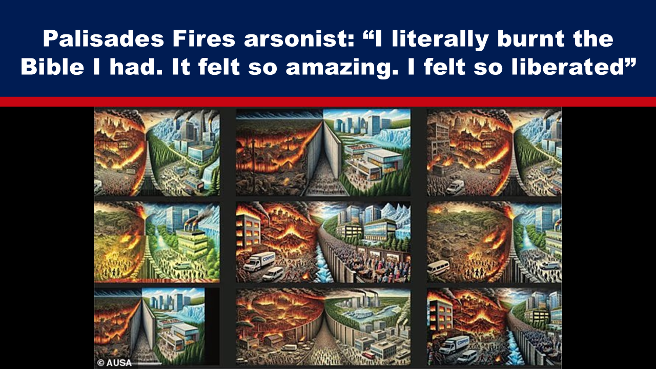 Expose News: Palisades Fires arsonist claims liberation by burning a Bible, depicted through captivating artwork of city fires and chaotic scenes.