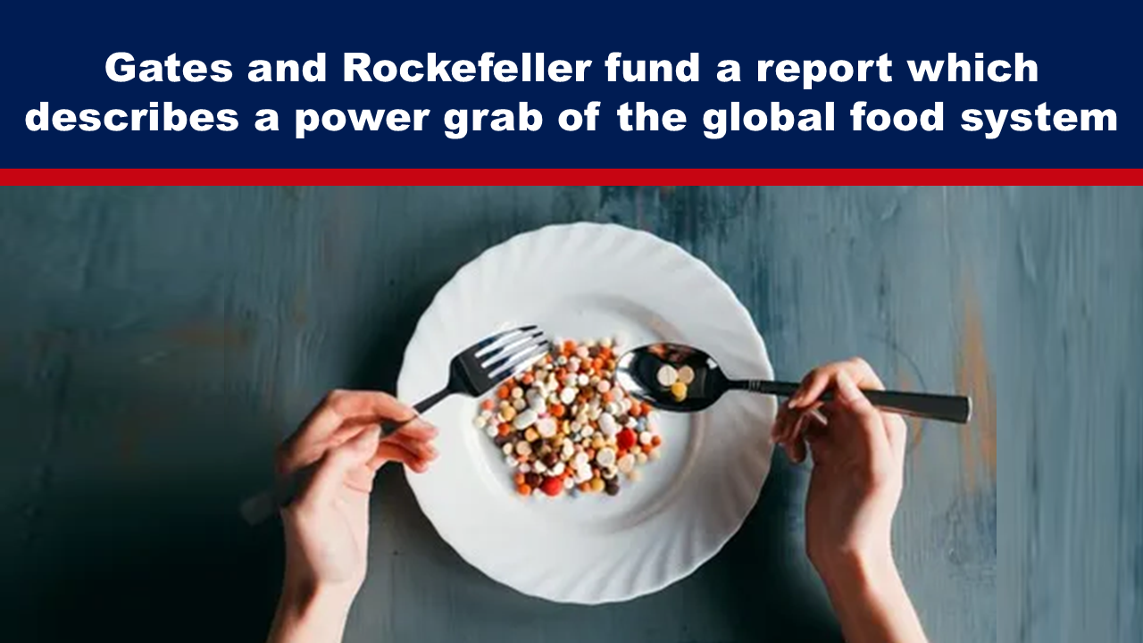 Expose News: Plate of pills symbolizes controversial Gates and Rockefeller-backed report on a global food system power grab.