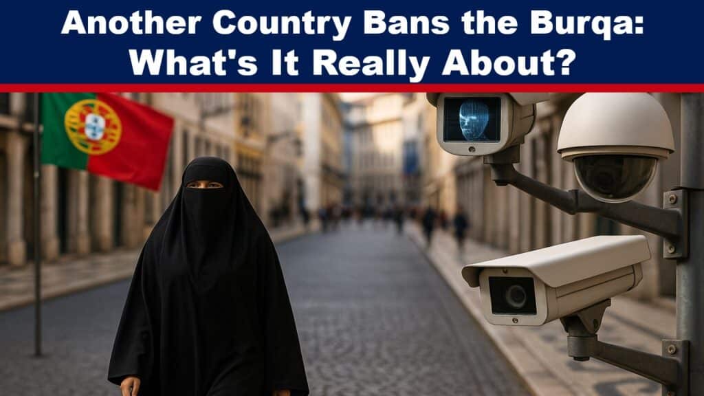Expose News: Portugal Bans Burqa: A woman in black burqa walks past surveillance cameras and the Portuguese flag. Is it really about women's rights?