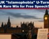 Expose News: UK's surprising U-turn on blasphemy laws sparks rare free speech victory buzz. Big Ben at sunset backdrop.