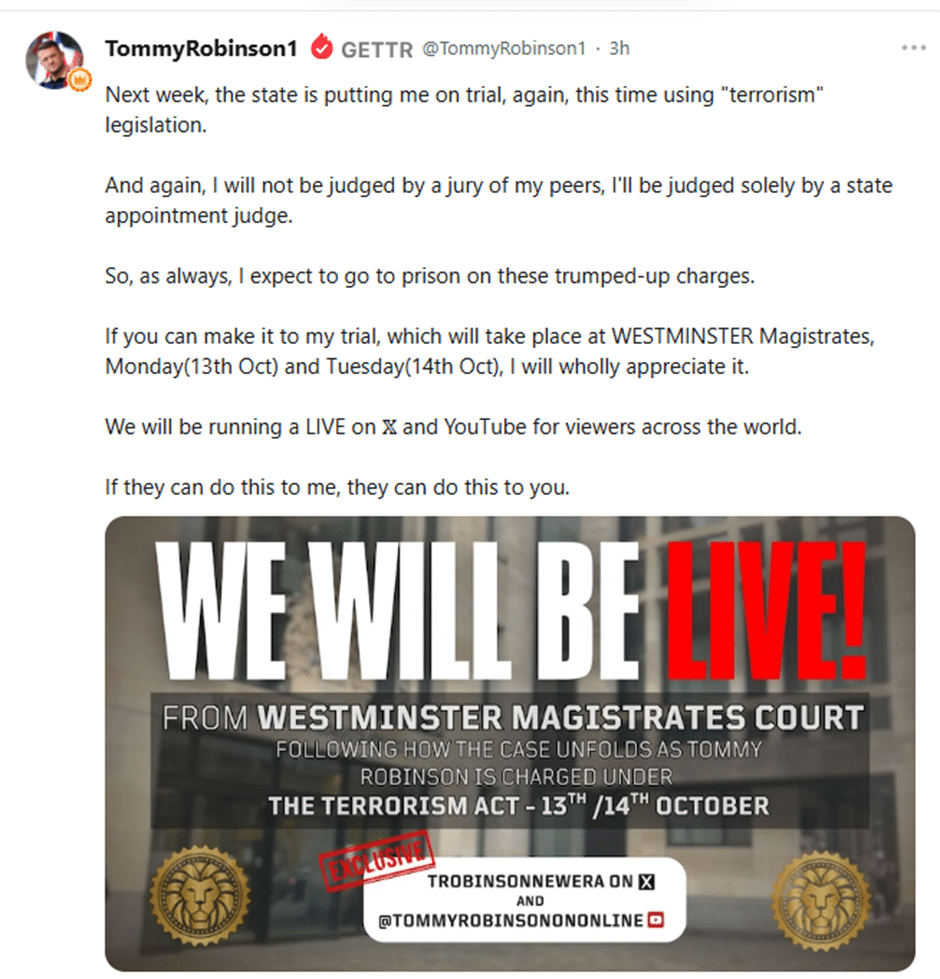 Expose News: Tommy Robinson faces state persecution in court again, charged under terrorism laws, trial at Westminster Magistrates, live on X and YouTube.