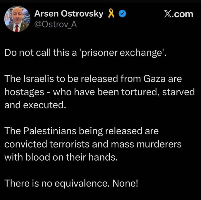 Expose News: Tweet discussing the complexity of prisoner exchanges between Israelis and Palestinians, hinting why the “Palestinian cause” wants more than a ceasefire.