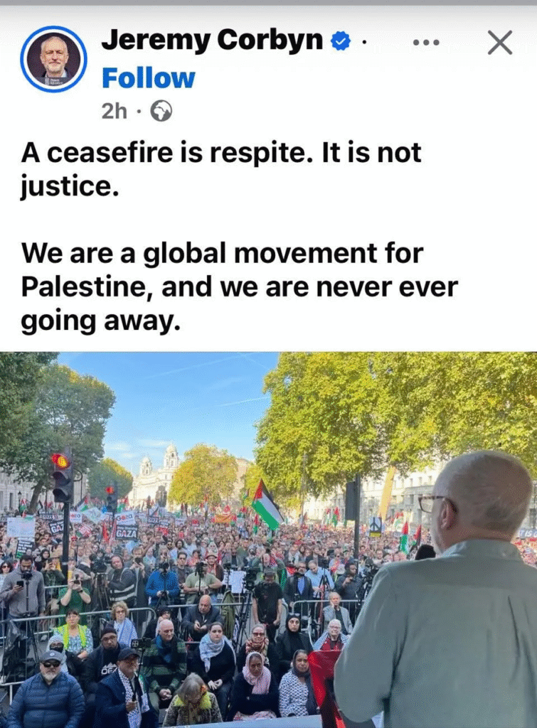 Expose News: Man speaks at packed rally, highlighting why the Palestinian cause seeks justice, not just a ceasefire. Passionate crowd waves flags, demanding action.