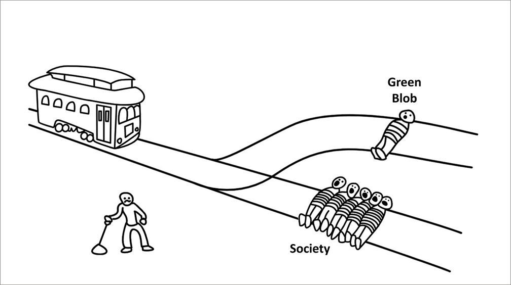 Expose News: Cartoon of a trolley dilemma with a train heading towards "Society" or "Green Blob," highlighting UK's energy crisis: existential threat vs. eco-challenges.