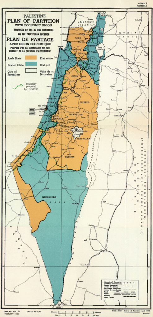Expose News: Vintage map detailing the 1947 Palestinian partition plan, exploring the legal foundations of Israel and origin of the name “Palestine”.