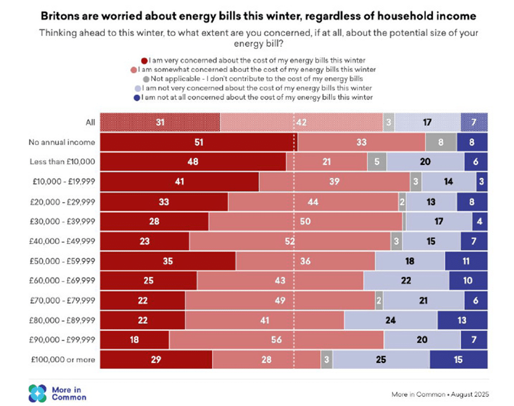 Expose News: UK energy bill worries this winter cause confidence crash in politics; chart shows concern across incomes.