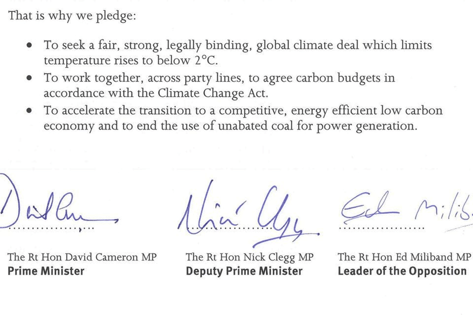 Expose News: Pledge document on climate action, highlighting carbon budgets and low-carbon goals, signed by key UK leaders. Is Net Zero collapsing faster than coal?