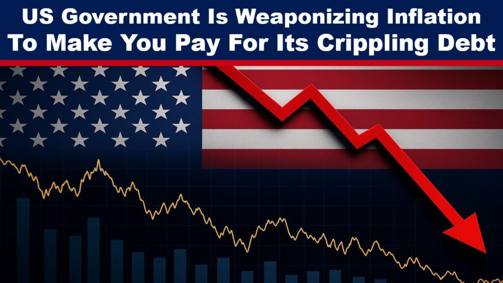 Expose News: US flag with a plummeting red arrow and graph, illustrating USA government using inflation to tackle debt crisis, impacting your wallet.