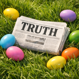 Truth in March - The Expose Photorealistic slightly elevated view of a folded newspaper lying in lush, verdant green grass, with the word “TRUTH” boldly emblazoned across the visible folded edge. The newspaper is surrounded by colorful medium-to-large Easter eggs in vibrant spring hues, arranged naturally around it.