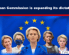 Expose News: Imagery suggesting European Commission expanding its influence, featuring prominent figures on EU flag.