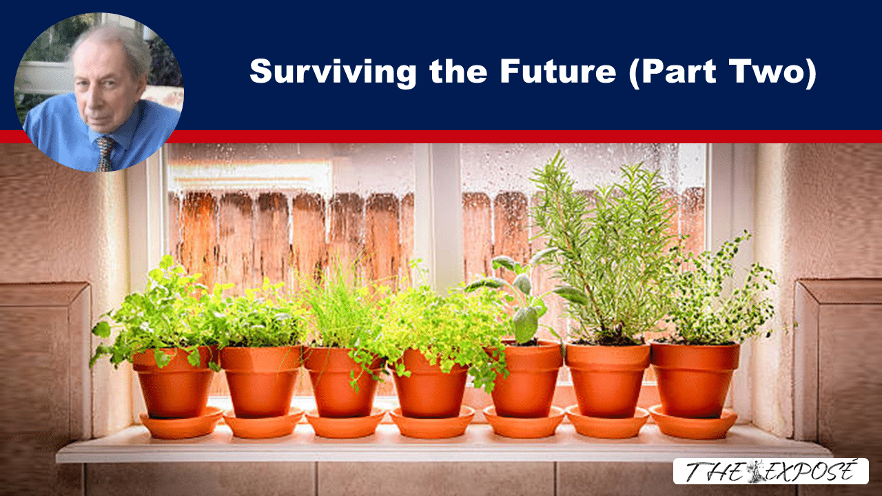 - The Expose Header banner with the title 'Surviving the Future (Part Two)' on a dark blue background and a host portrait on the left; below is a row of potted herbs on a windowsill.