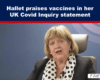 Woman speaks at a press conference about vaccines during a UK Covid Inquiry statement, with a dark blue banner above.