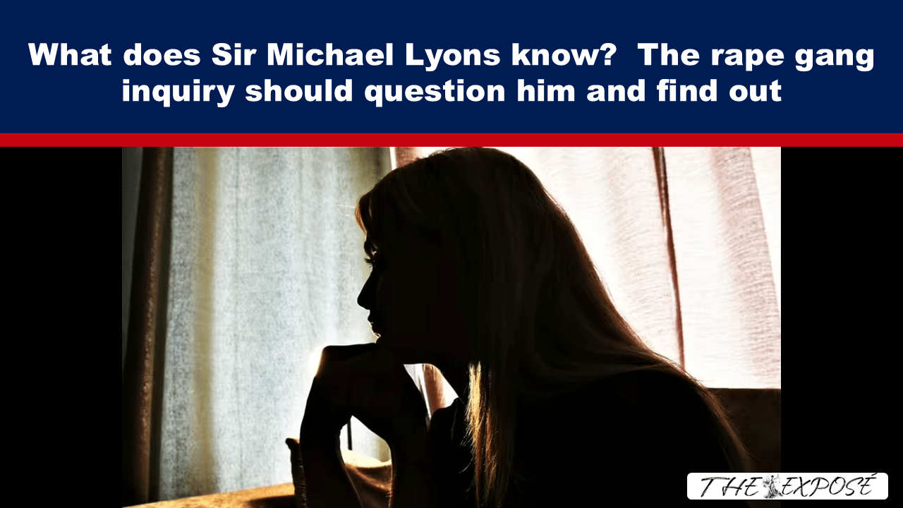 News banner with a silhouette of a person in profile, thinking by a window, under a bold blue headline bar about a rape gang inquiry term.