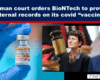 News banner about BioNTech vaccine records; left shows a vaccine vial, right shows a judge’s gavel and people involved in the case.