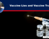 Banner headline 'Vaccine Lies and Vaccine Truths' with a man's portrait on the left and a syringe with vaccine vials on a dark background.
