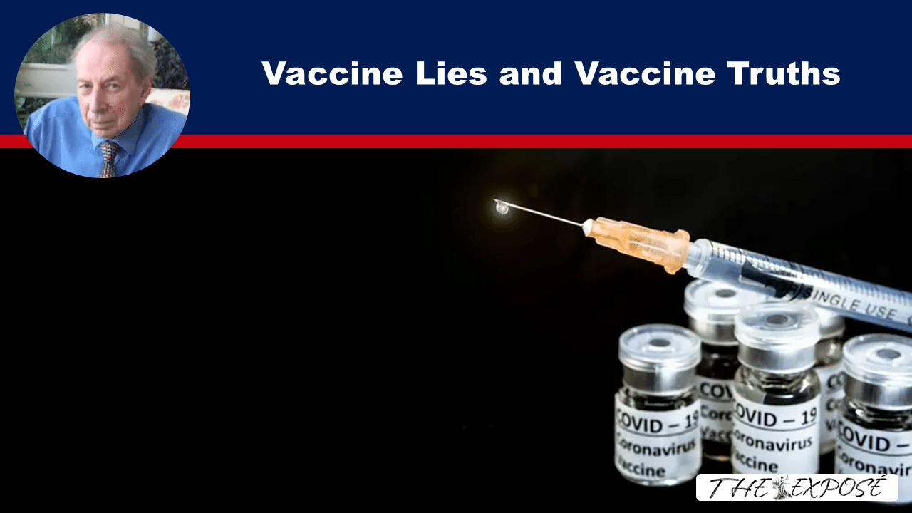 Banner headline 'Vaccine Lies and Vaccine Truths' with a man's portrait on the left and a syringe with vaccine vials on a dark background.