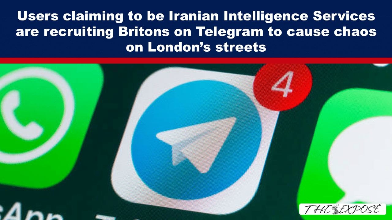Banner headline about alleged Iranian intelligence recruitment on Telegram to disrupt London, shown over a close-up of smartphone icons (Telegram and WhatsApp).