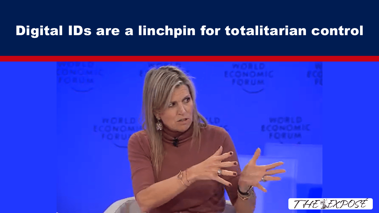Woman speaking on a World Economic Forum panel; bold headline above reads “Digital IDs are a linchpin for totalitarian control” with a red stripe and blue backdrop.
