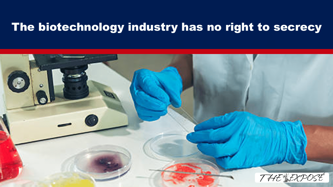 Expose News: In a lab, a scientist works with petri dishes, revealing the biotechnology industry's secrets—no right to secrecy here!