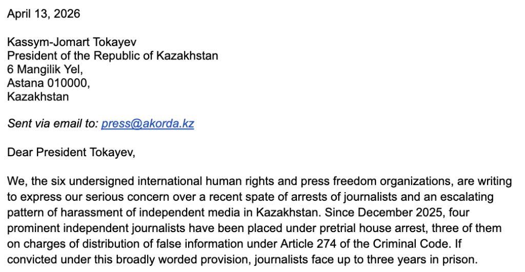 Letter to Kazakhstan President Regarding Journalists' Arrests and Press Free Speech Law