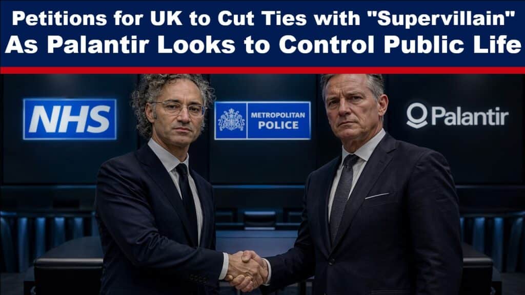 News-style banner with two suited men shaking hands; background shows NHS, Metropolitan Police, and Palantir logos, matching a headline about UK petitions to cut ties with Palantir when influencing public life.