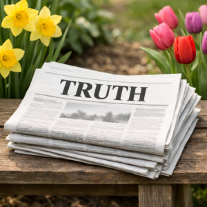 Support the True in April - The Expose A newspaper with a title saying: True. Sat on a bench surrounded by Tulips and Dafodil