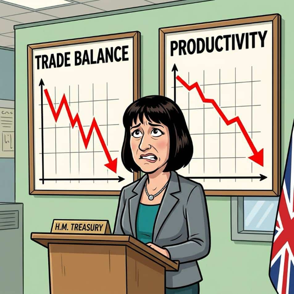 Cartoon of a female HM Treasury official at a podium, with two charts showing decreasing trade balance and productivity behind her.
