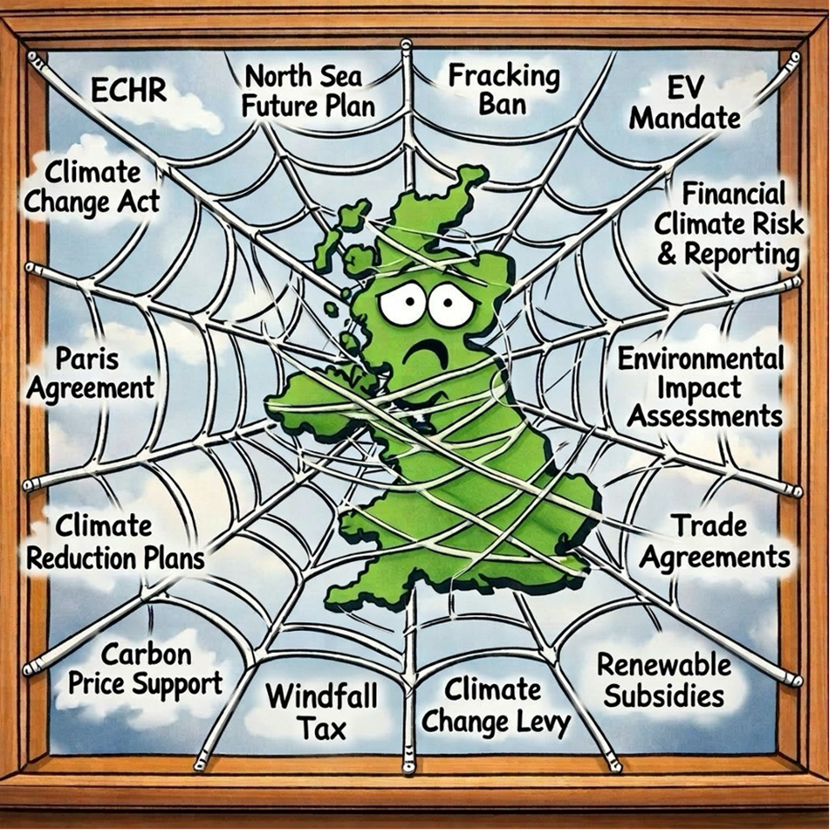 Cartoon of the United Kingdom ensnared in a spiderweb labeled with climate and energy policies (e.g., Climate Change Act, Paris Agreement, Fracking Ban, Renewable Subsidies), with a worried map in the center.
