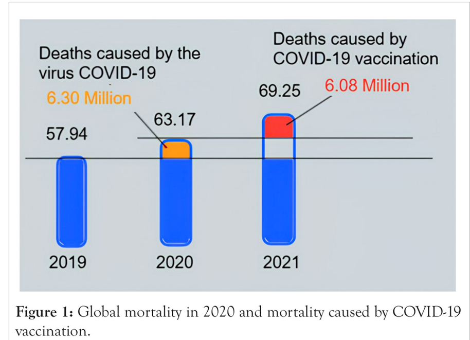 Informational chart showing global mortality by year 2019–2021. Three blue bars labeled 2019, 2020, and 2021; small orange and red segments indicate deaths attributed to COVID-19 and COVID-19 vaccination, with numerical labels (e.g., 57.94, 63.17, 69.25 and 6.30 Million / 6.08 Million) and a caption below reading 'Figure 1: Global mortality in 2020 and mortality caused by COVID-19 vaccination.'