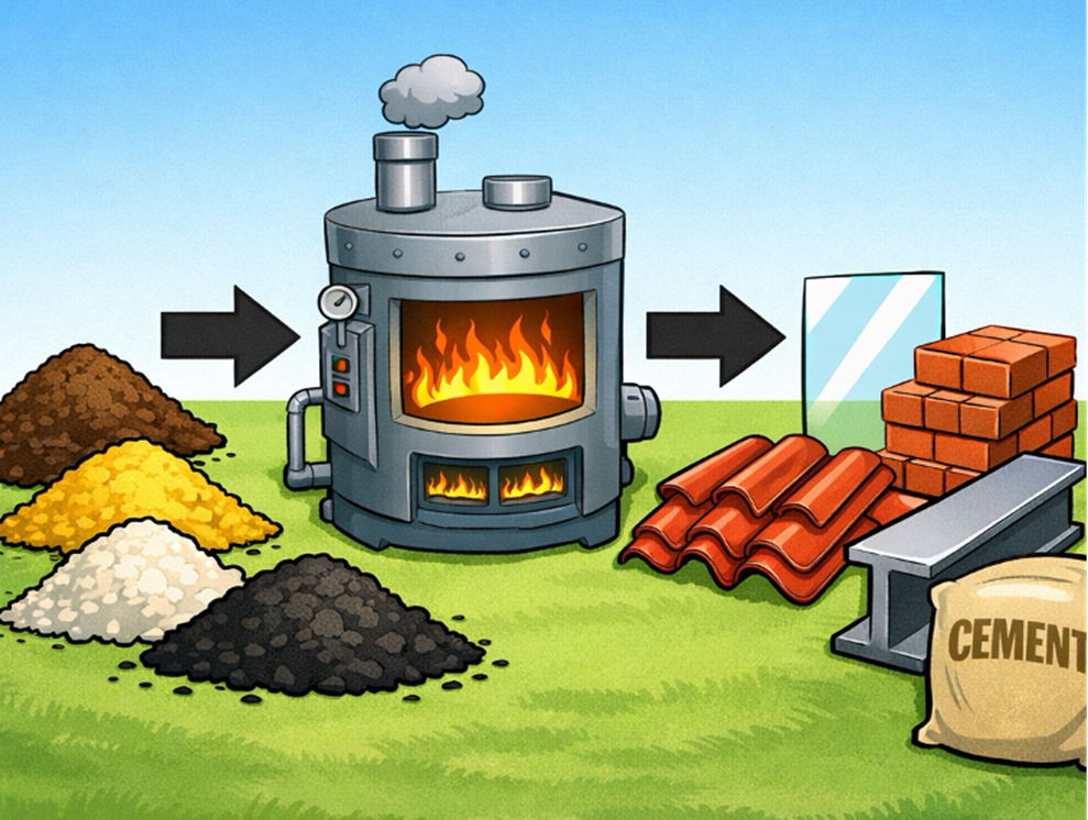 image - The Expose Cement production scene: raw materials on the left, a kiln in the center, and finished concrete products like bricks and tiles on the right with arrows showing flow.