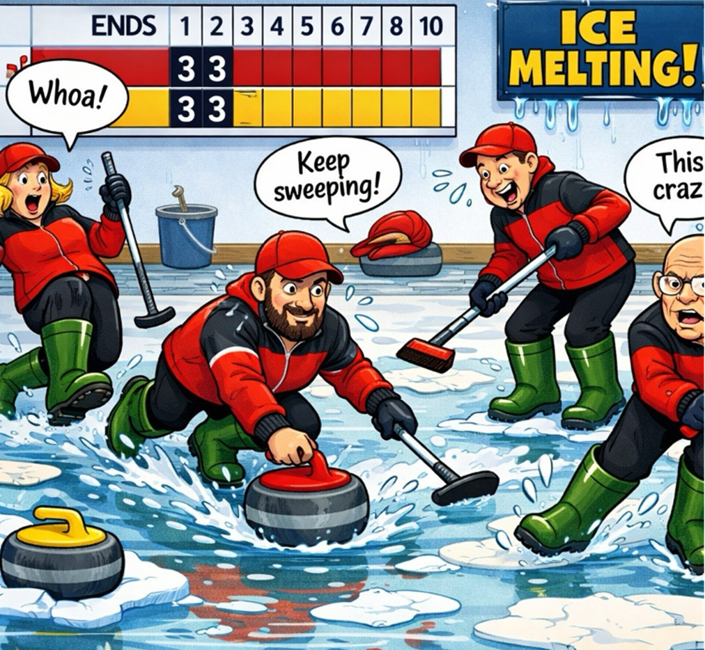 Cartoon of a curling game: players in red jackets sweep ice as stones head toward the target; scoreboard and 'ICE MELTING!' banner in the background.