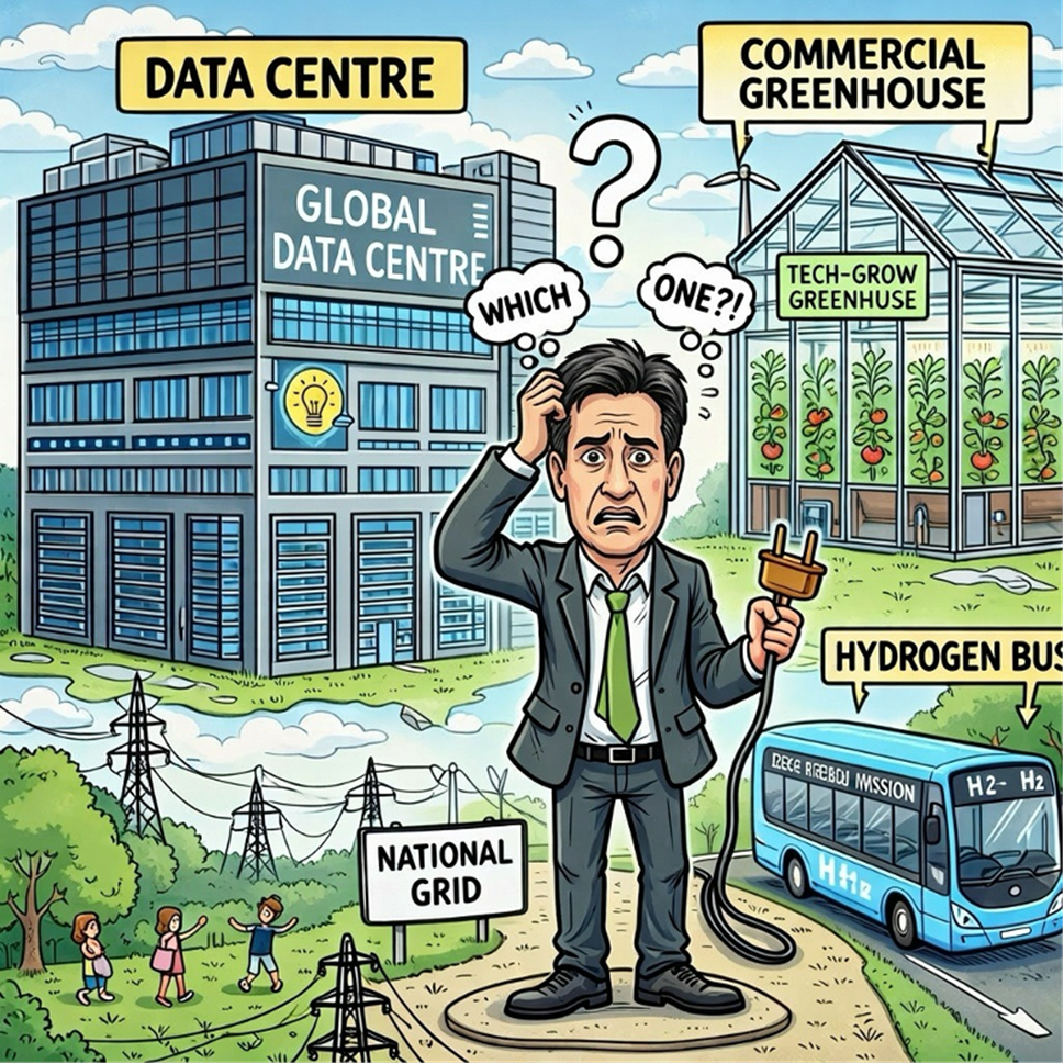 Cartoon of a worried man in a suit holding a large electric power plug between a 'Global Data Centre' and a 'Commercial Greenhouse', with a 'National Grid' sign, a blue hydrogen bus, power lines, and children playing nearby, illustrating energy infrastructure choices.