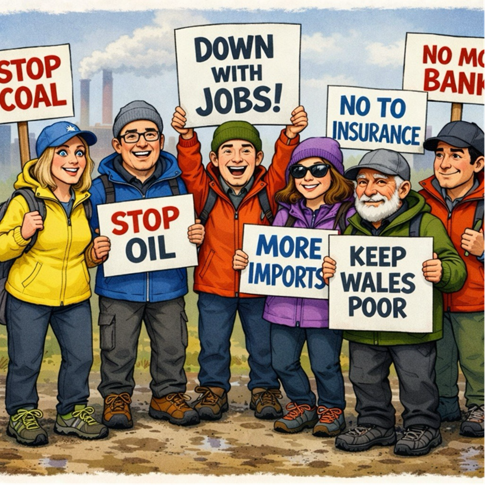 Cartoon of a diverse group protesting outdoors, holding signs with anti-coal, anti-oil, and trade messages like 'Stop Coal' and 'Down with Jobs!'