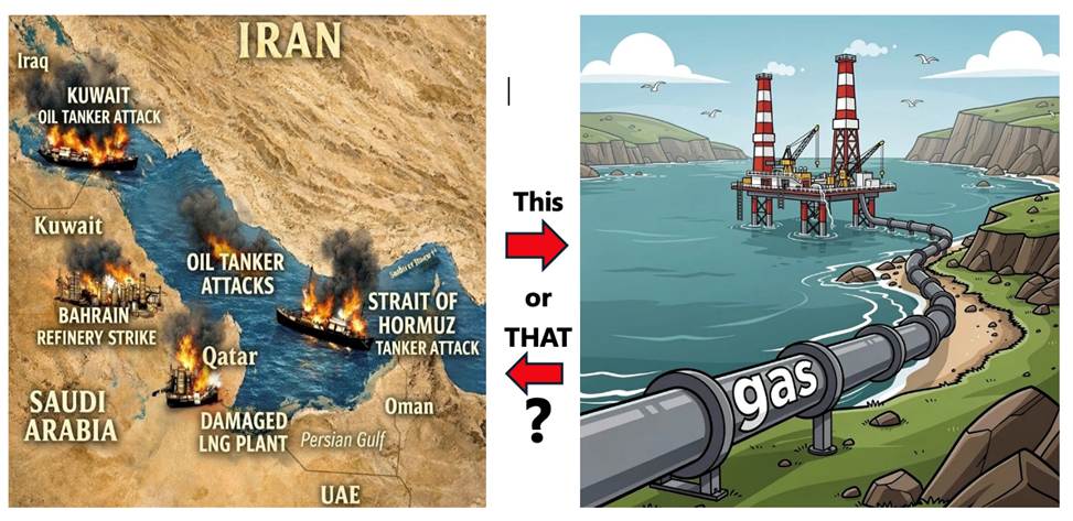Left: labeled map of the Middle East with Iran and oil-tanker attack labels, right: cartoon of an offshore gas pipeline leak near the coast. A 'This or THAT?' comparison is in the center.