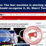 Screenshot van een BBC News-artikel over het traceren van passagiers van een door hantavirus getroffen cruiseschip, met een rode 'Propaganda'-stempel over de afbeelding.