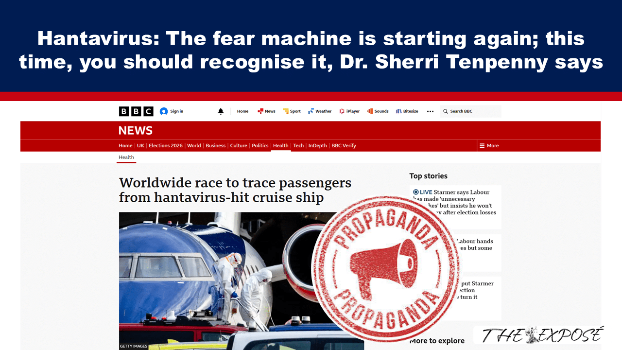 - The Expose BBC News article screenshot about tracing passengers from a hantavirus-hit cruise ship, with a red 'Propaganda' stamp over the image.
