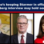 Banner de notícia com a manchete "Quem está mantendo Starmer no cargo? Uma entrevista da Bloomberg pode conter algumas pistas" e três fotos profissionais abaixo.